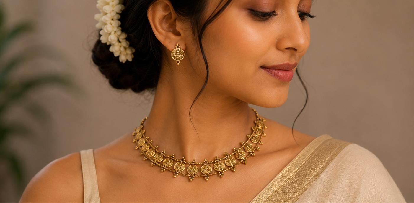 Traditional Lakshmi Kasu Mala Choker Necklace Set in Germany