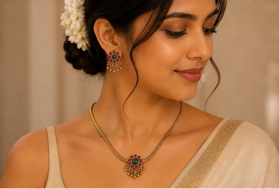 Traditional South Indian Kemp Attigai Jewelry Set in Germany