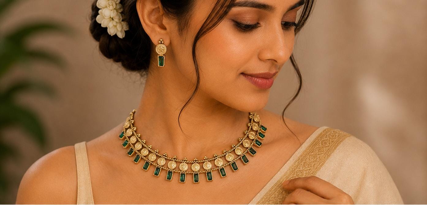 Traditional Indian coin choker necklace and earring set in Germany
