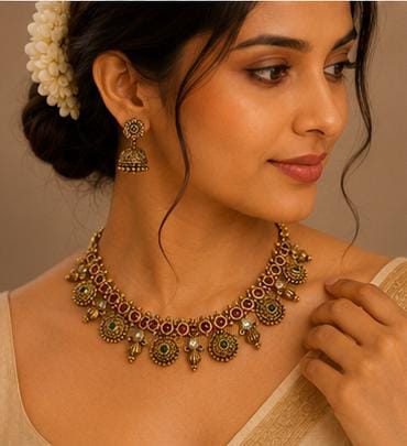 Traditional Indian antique gold necklace and earring set in Germany