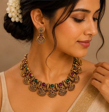 South Indian Antique Gold Kemp Stone Jewellery Set in Germany