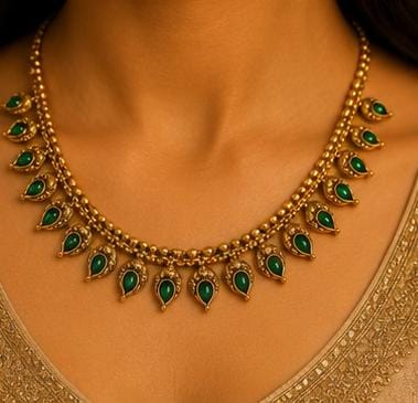 Traditional South Indian Antique Gold Mango Design Green Kemp Stone Necklace Set in Germany
