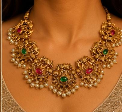 Antique Gold Temple Jewelry Set with Elephant Motifs and Pearl Droplets in Germany