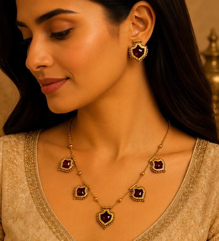 Traditional Gold-Plated Ruby Red Pendant Necklace Set in Germany
