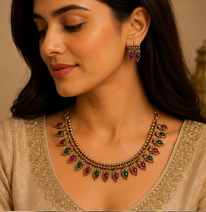 Traditional Antique Gold Necklace Set with Ruby and Emerald Stone Drops in Germany