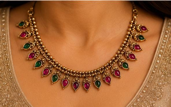 Traditional Antique Gold Necklace Set with Ruby and Emerald Stone Drops in Germany