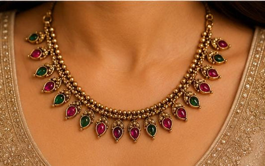 Traditional Antique Gold Necklace Set with Ruby and Emerald Stone Drops - Neha Couture Indian Fashion
