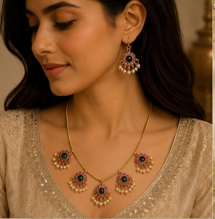 Traditional Gold-Plated Kemp Stone and Pearl Drop Attigai Necklace Set in Germany