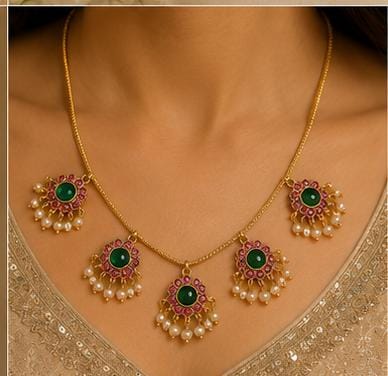 Traditional Gold-Plated Kemp Stone and Pearl Drop Attigai Necklace Set in Germany