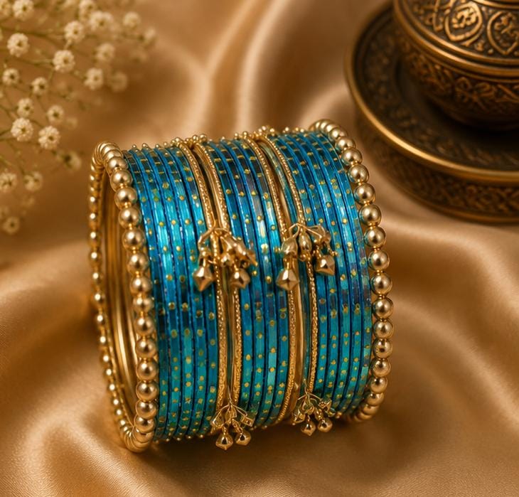 Skyblue Kashmiri Ghungroo Metal Bangle Set in Germany