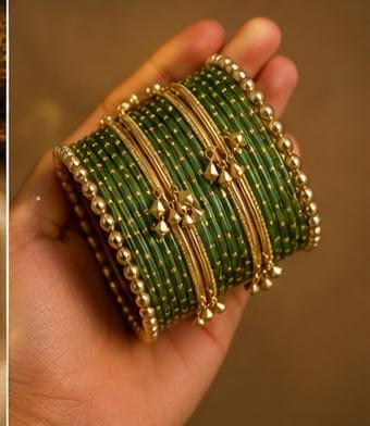 Green Kashmiri Ghungroo Metal Bangle Set in Germany