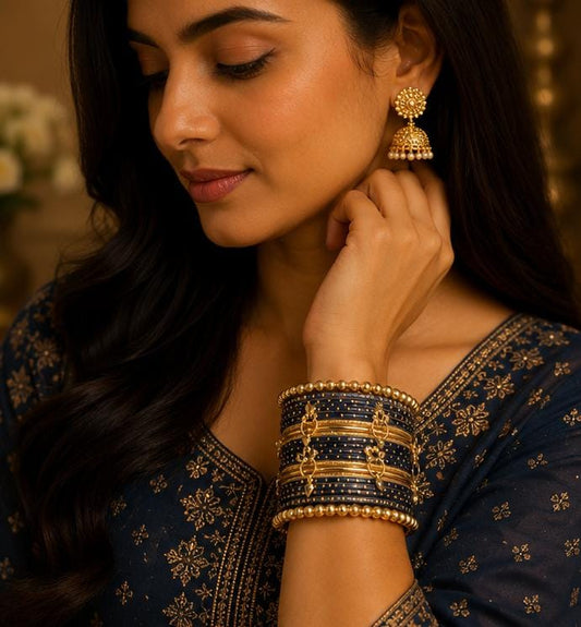 Navy Blue Kashmiri Ghungroo Metal Bangle Set in Germany