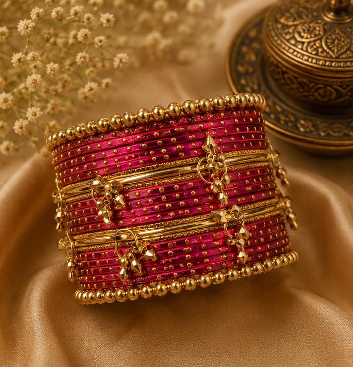 Magenta Pink Kashmiri Ghungroo Metal Bangle Set in Germany