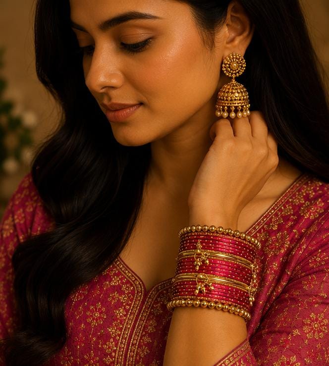 Magenta Pink Kashmiri Ghungroo Metal Bangle Set in Germany