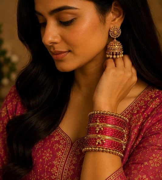 Magenta Pink Kashmiri Ghungroo Metal Bangle Set in Germany