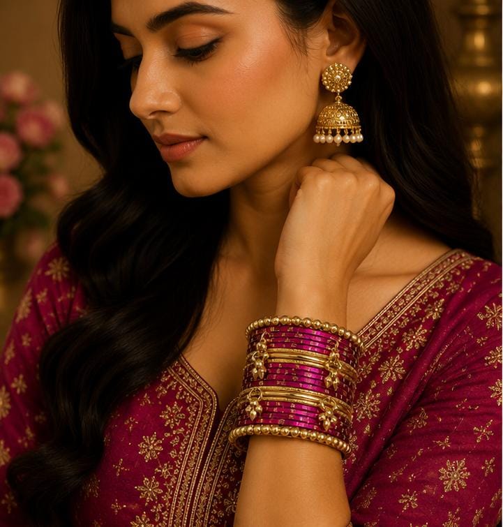 Dark Pink Kashmiri Ghungroo Metal Bangle Set in Germany