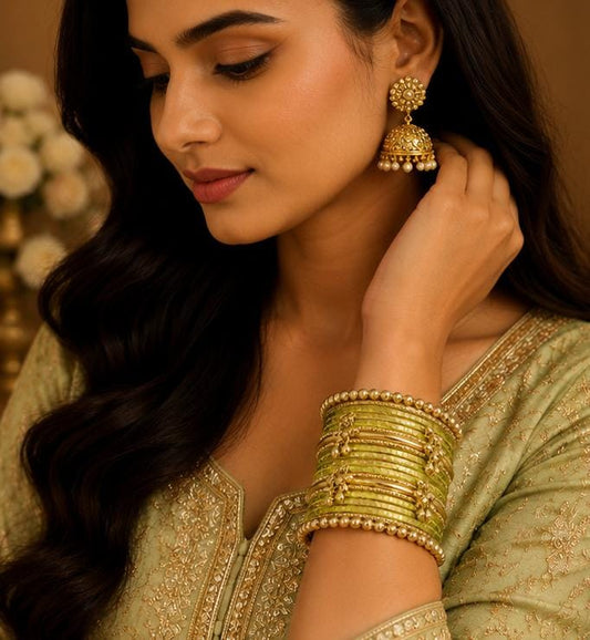 Lime green Kashmiri Ghungroo Metal Bangle Set in Germany