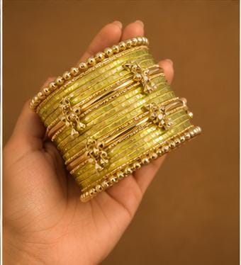 Lime green Kashmiri Ghungroo Metal Bangle Set in Germany