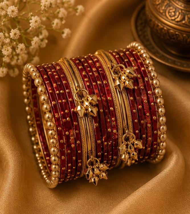Red Kashmiri Ghungroo Metal Bangle Set in Germany