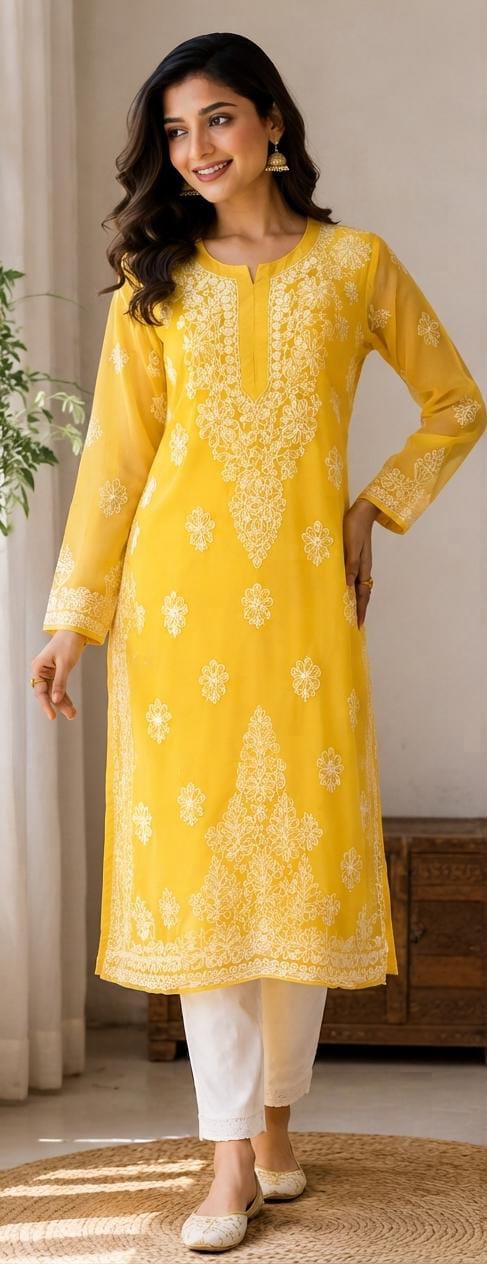 Yellow Lucknowi Chikankari Straight Kurta without inner in Berlin