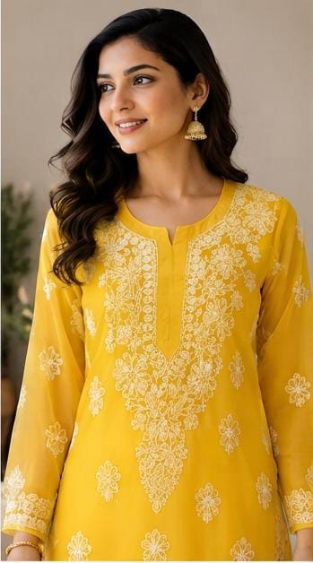 Yellow Lucknowi Chikankari Straight Kurta without inner in Berlin