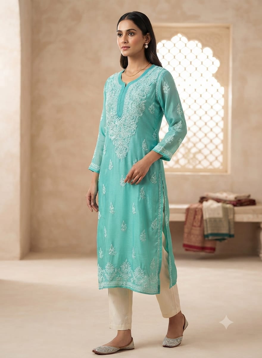 Turquoise Lucknowi Chikankari Straight Kurta without inner in Berlin