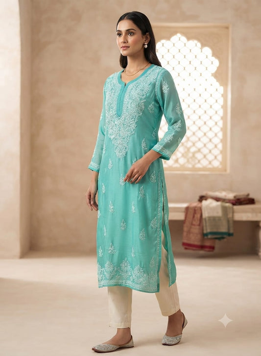 Turquoise Lucknowi Chikankari Straight Kurta without inner in Berlin