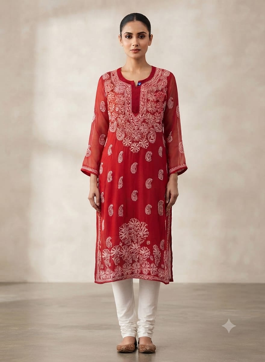 Red Lucknowi Chikankari Georgette Straight Kurta without inner in Berlin