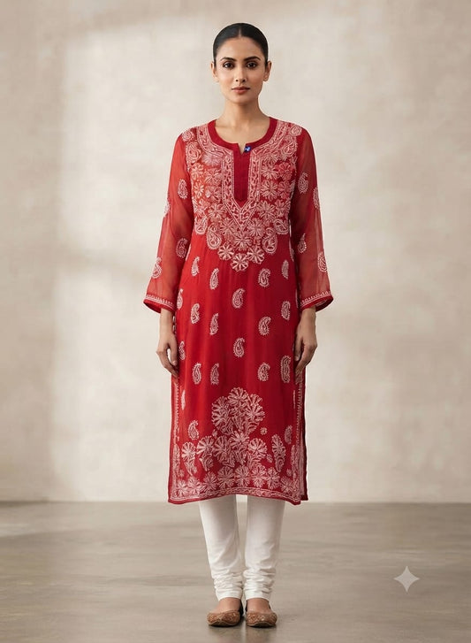Red Lucknowi Chikankari Georgette Straight Kurta without inner in Berlin
