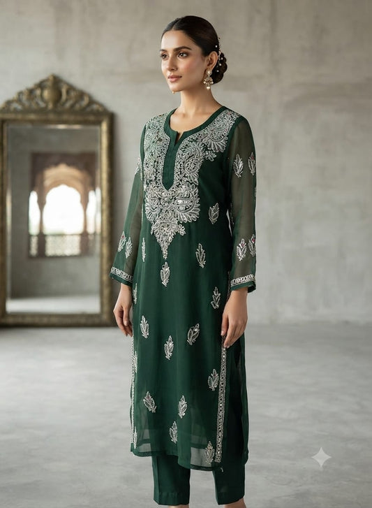Emerald Green Georgette Chikankari Kurta without inner in Berlin