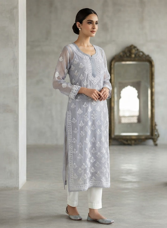 Grey Chikankari Embroidered Kurta without inner in Berlin