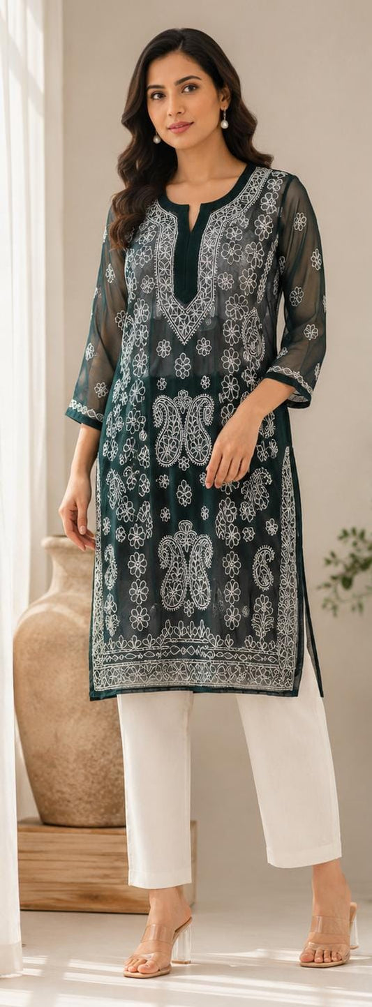 Bottele Green Hand Embroidered Lucknowi Chikankari Georgette Straight Kurta without inner in Berlin