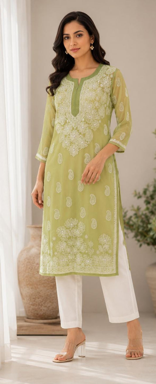 Green Hand Embroidered Lucknowi Chikankari Straight Kurta without inner in Berlin