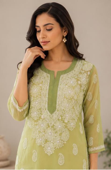Green Hand Embroidered Lucknowi Chikankari Straight Kurta without inner in Berlin