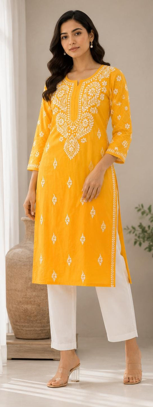 Yellow Chikankari Straight Kurta without inner in Berlin