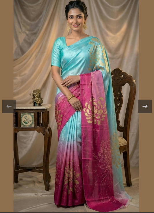 Chinon Silk Turquiose and Pink Casual Wear Digital Print Work Saree in Germany