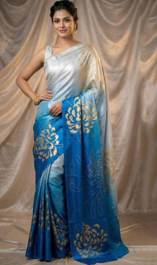 Chinon Silk Silver Grey and Blue Casual Wear Digital Print Work Saree in Germany