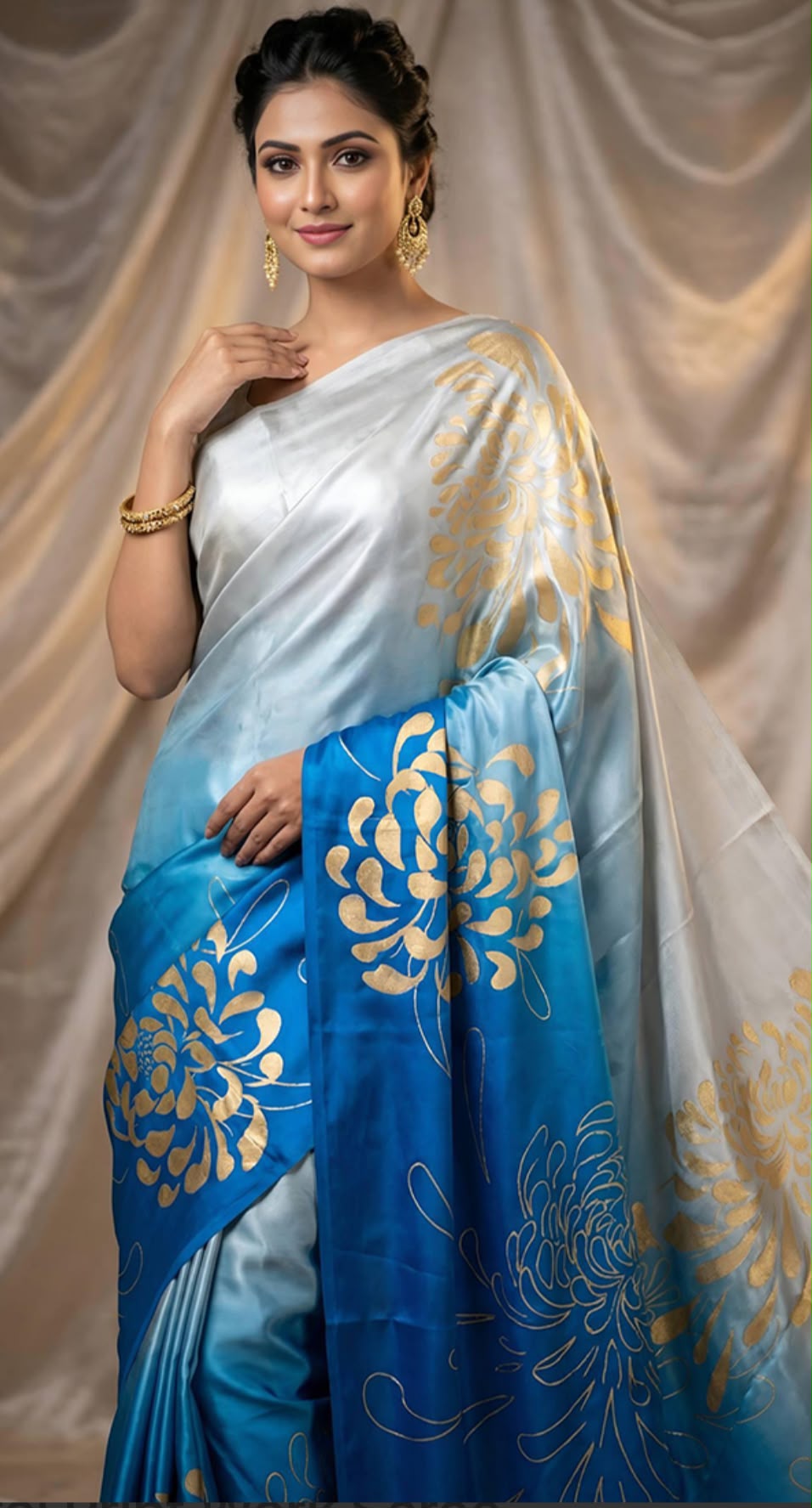 Chinon Silk Silver Grey and Blue Casual Wear Digital Print Work Saree in Germany