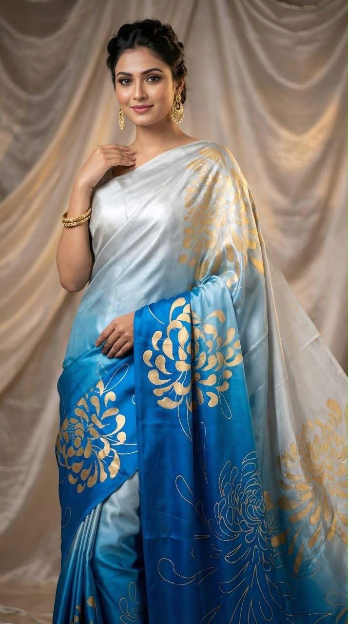 Chinon Silk Silver Grey and Blue Casual Wear Digital Print Work Saree in Germany