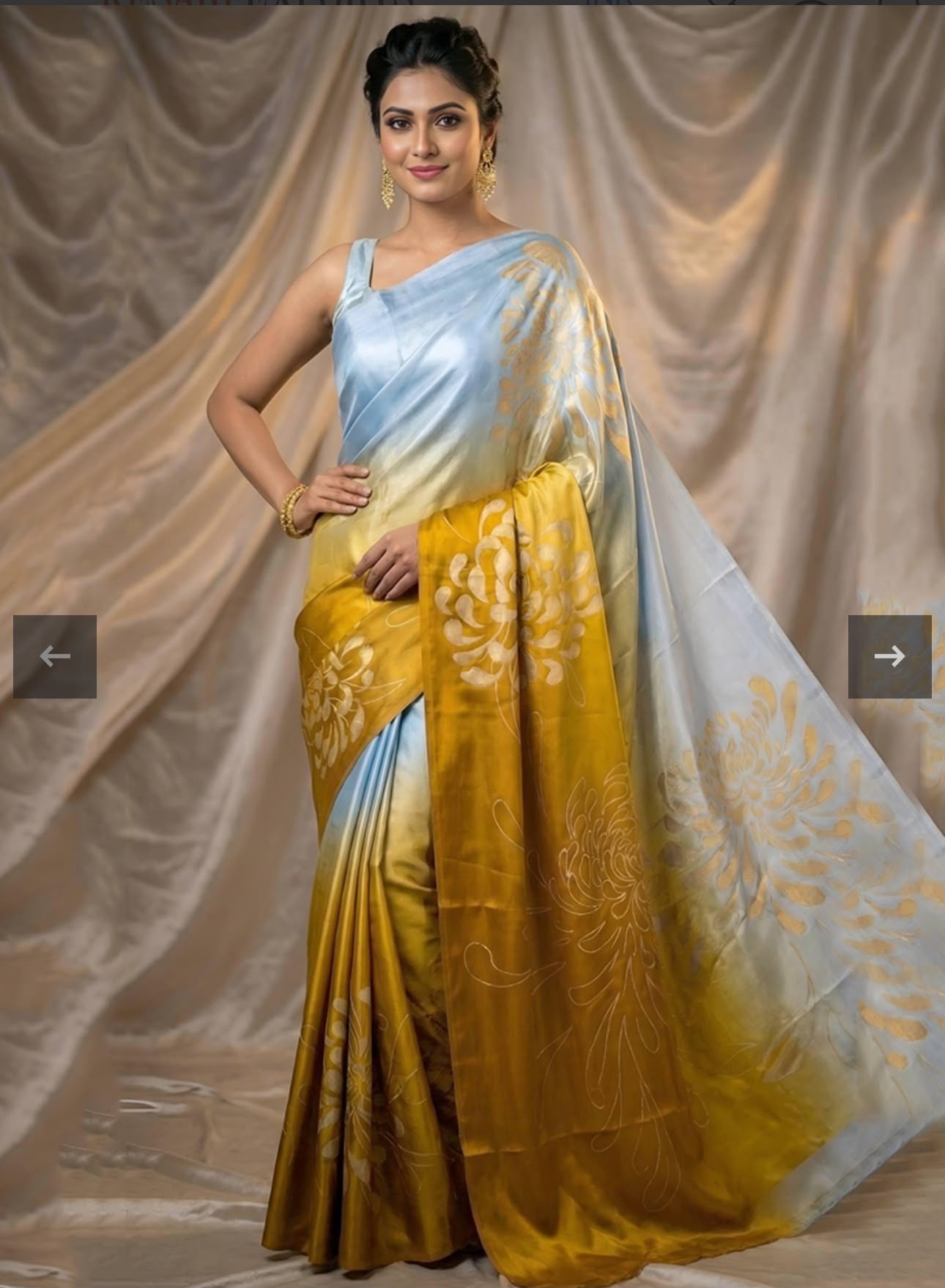 Chinon Silk Skyblue and Mustard Yellow Casual Wear Digital Print Work Saree in Germany