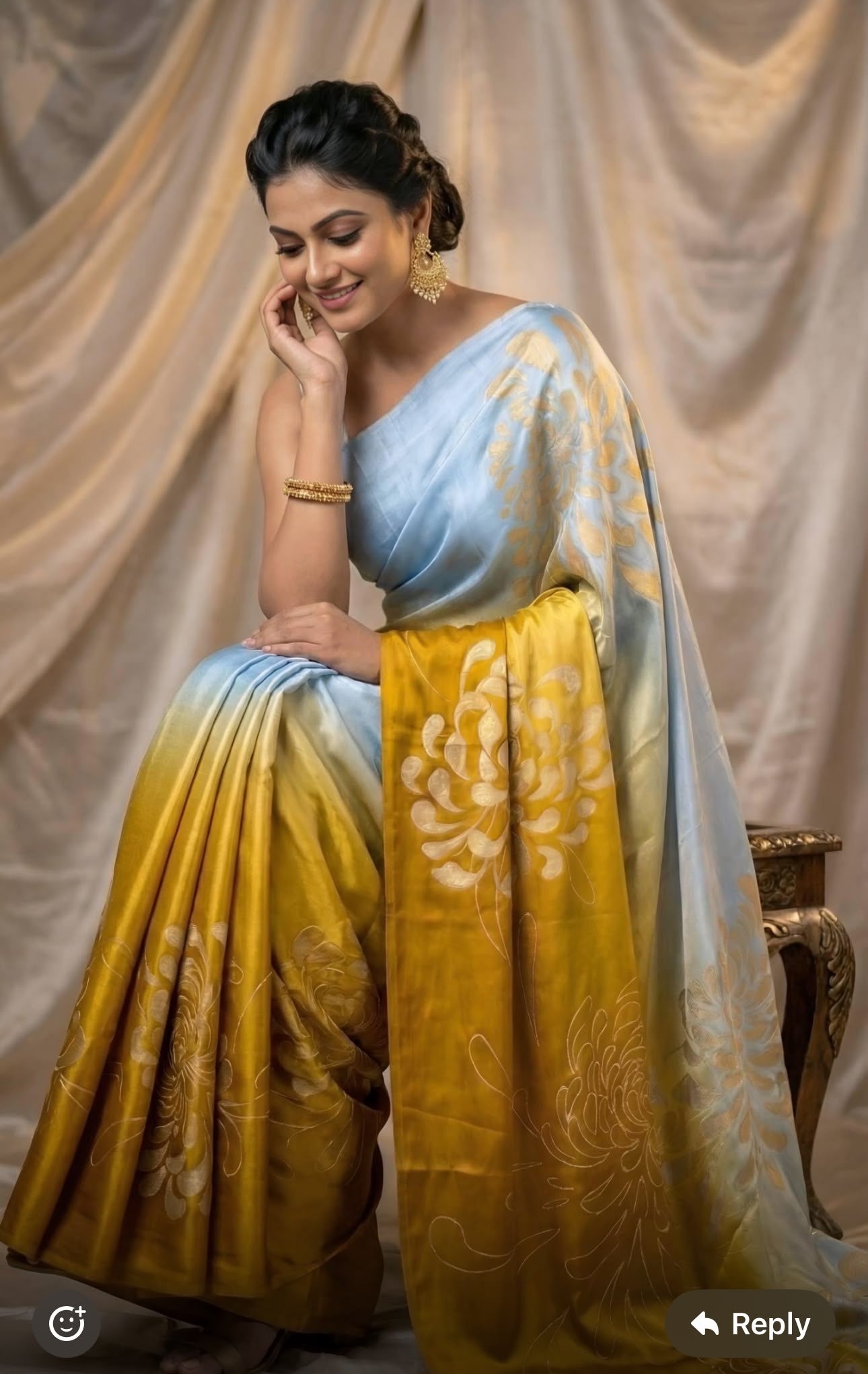 Chinon Silk Skyblue and Mustard Yellow Casual Wear Digital Print Work Saree in Germany
