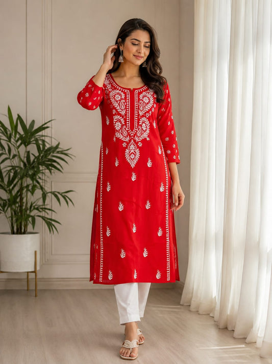 Elegant Red Lucknowi Chikankari Hand-Embroidered Straight Kurta in Berlin