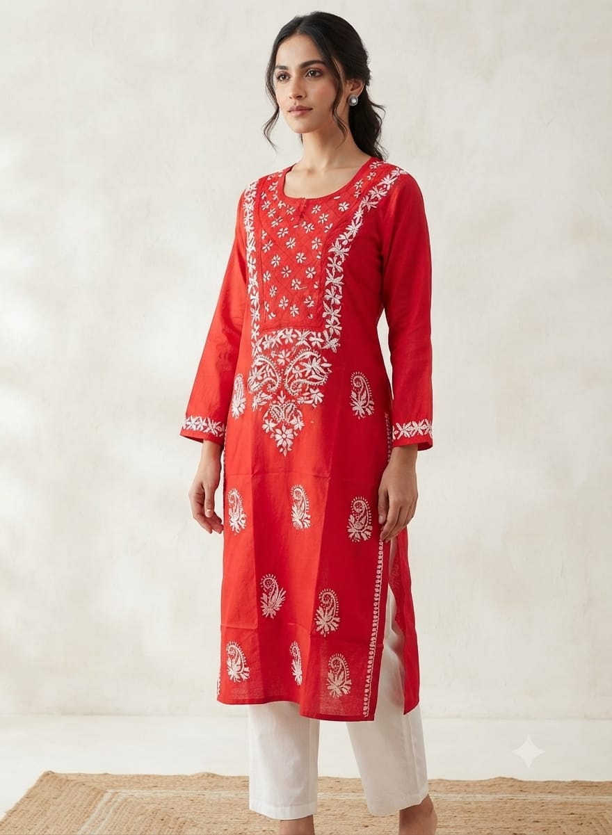 Women’s Red Lucknowi Chikankari Straight Kurta in Berlin