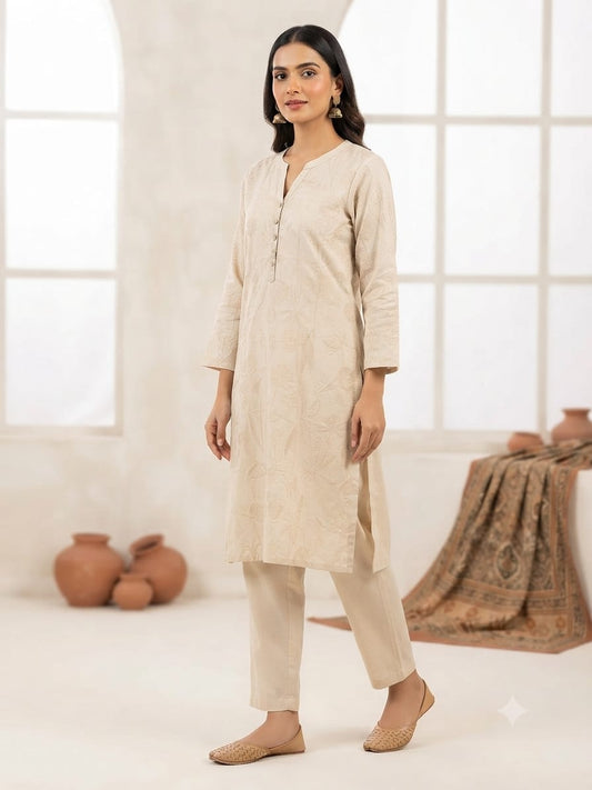 Woman Beige Floral Printed Straight Cotton Blend Kurta with Pants Set in Germany