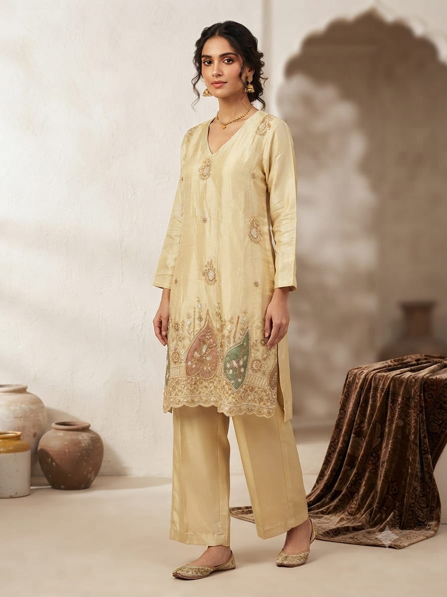 Beige Silk Embroidered Kurta Set with Straight Pants in Berlin