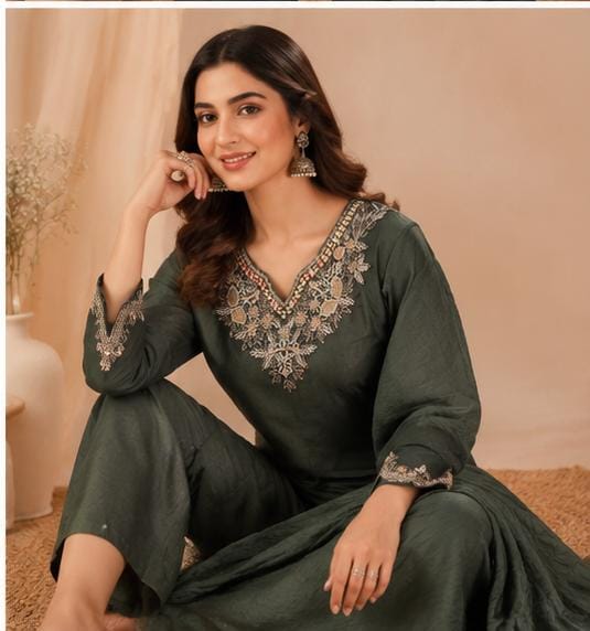 Deep Bottle Green Silk-Blend Embroidered Kurta Palazzo Set with Dupatta in Germany
