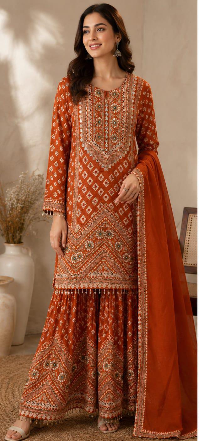 Rust Orange Embroidered Georgette Sharara Suit Set in Germany