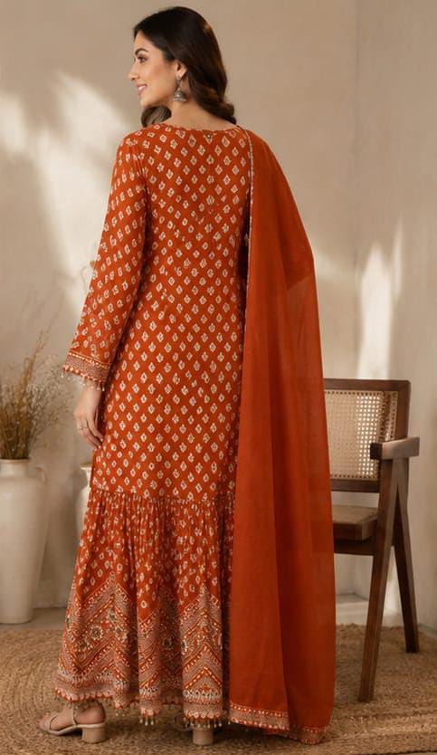 Rust Orange Embroidered Georgette Sharara Suit Set in Germany