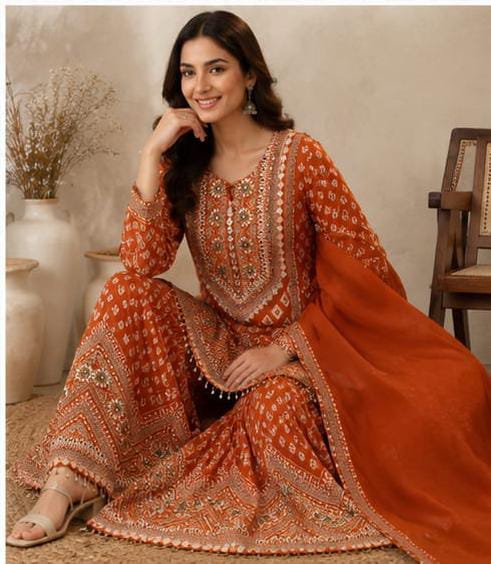 Rust Orange Embroidered Georgette Sharara Suit Set in Germany