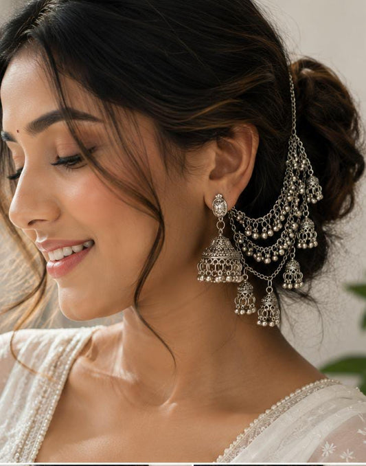 Traditional Oxidized Silver Bahubali Jhumka Ear-Chains in Germany